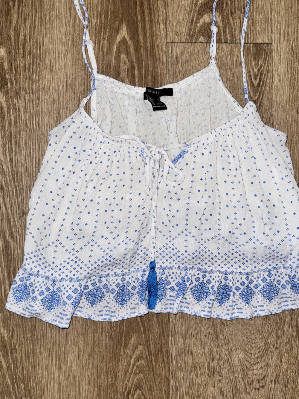 Forever 21 White and Blue Printed Spaghetti Strap Tank